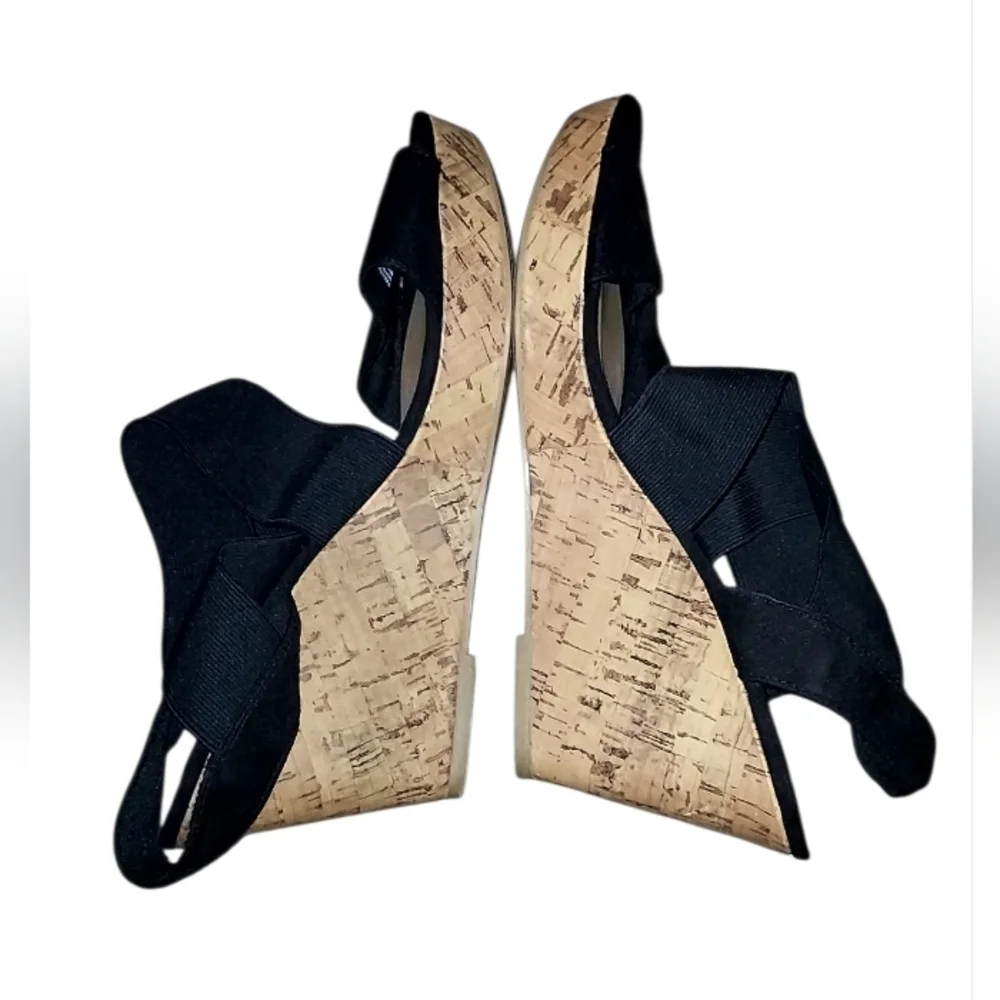 American Eagle Black Cork Wedge Sandals with Crossband Elastic Straps